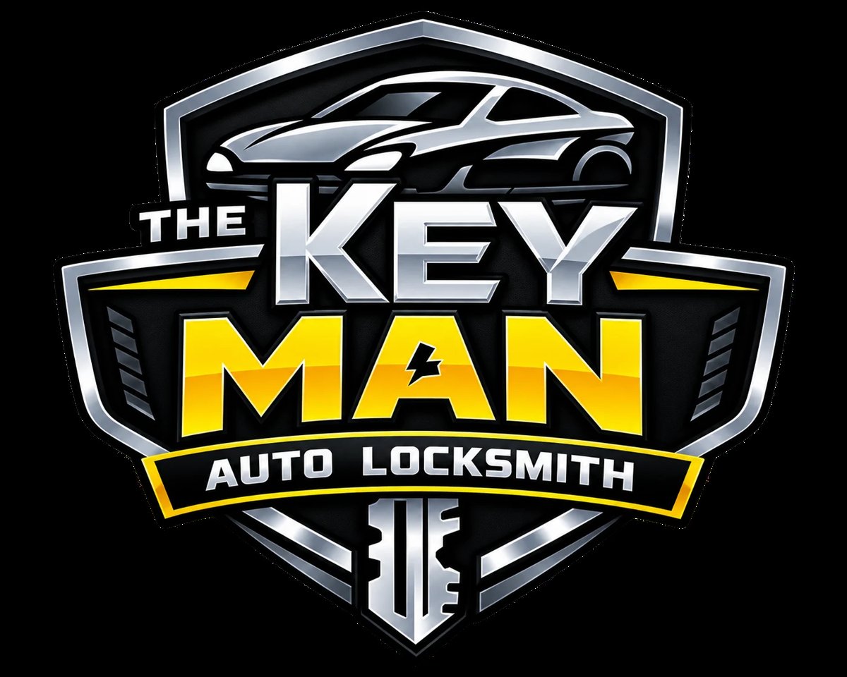 The Key Man Auto Locksmith — silver car silhouette shield logo